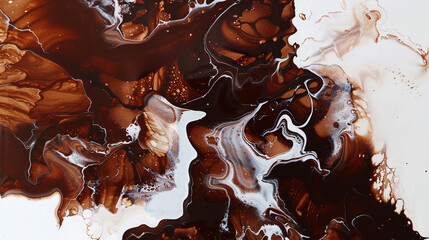 Abstract painting in chocolate brown and cream white alcohol ink with rich oil paint textures.
