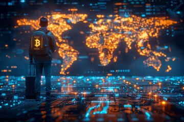 Rear view of a businessman with a suitcase looking at a bitcoin network with a bitcoin sign inside world map Night city