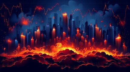 Obraz premium A digital painting of a city on fire with a glowing red and orange sky and dark clouds.