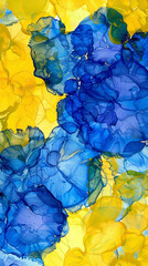 Abstract painting background in lemon yellow and cobalt blue, alcohol ink with textured oil paint.