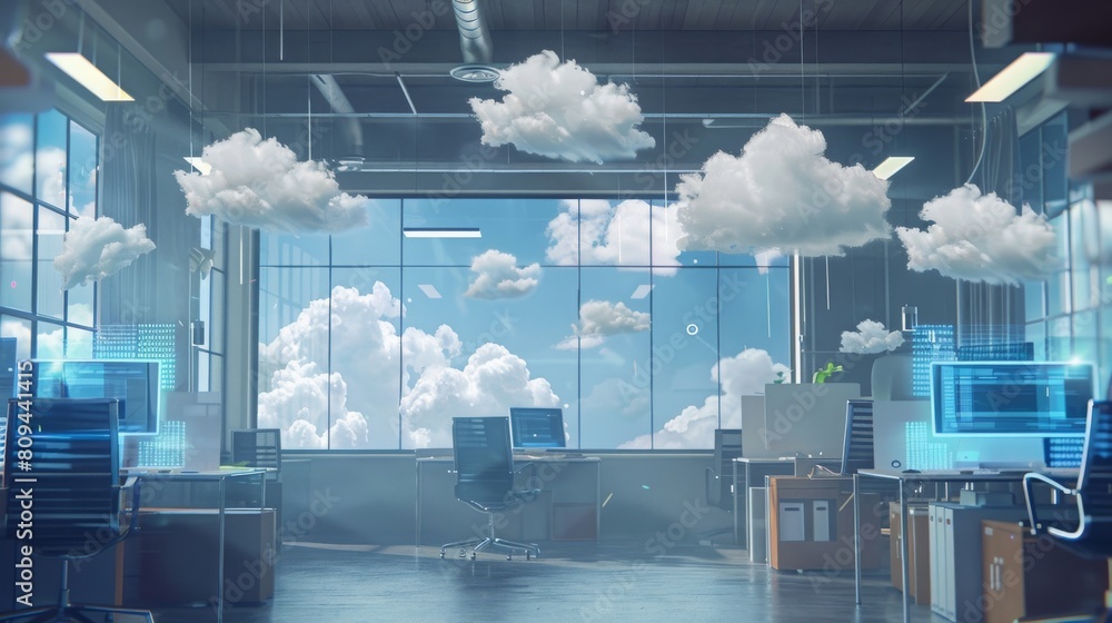 Poster an office scene with clouds visually integrated into the workspace, symbolizing cloud computing solu