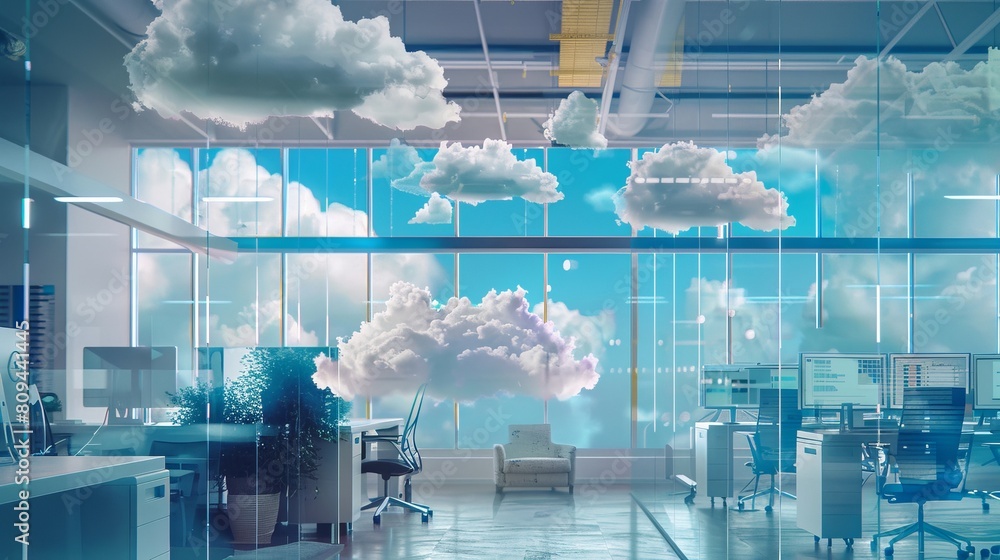 Poster an office scene with clouds visually integrated into the workspace, symbolizing cloud computing solu