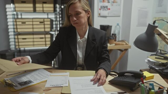 A focused woman detective examines evidence at her cluttered office desk, portraying deductive work in an indoor setting.