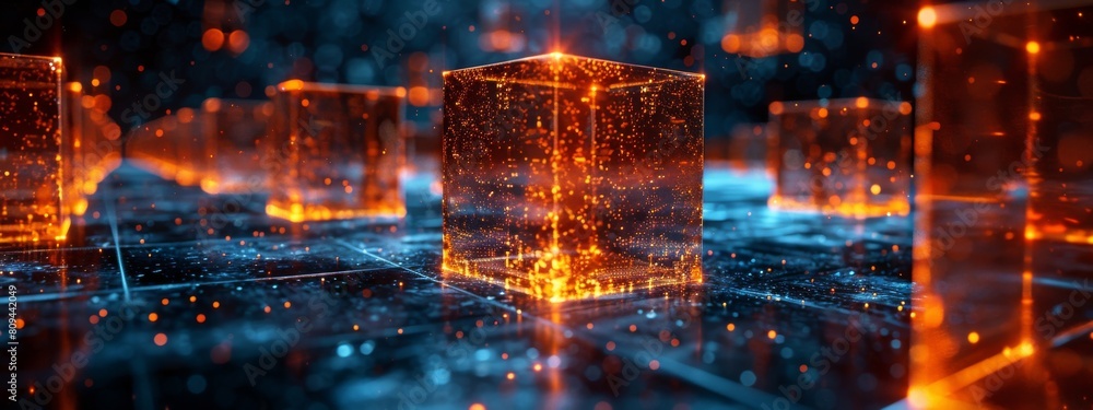 Poster blockchain architecture visualizing encrypted blocks, styled as clean and abstract
