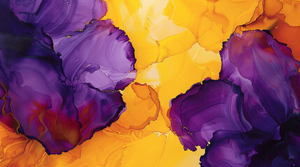 Abstract painting in sunflower yellow and deep purple, alcohol ink with oil paint texture.