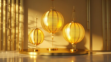 Fototapeta premium Golden three-dimensional traditional lanterns poster background