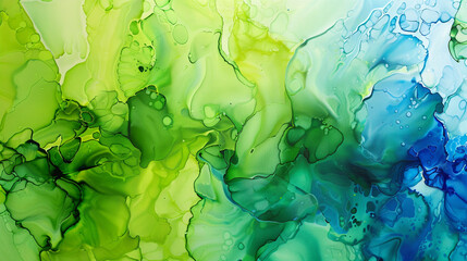 Alcohol ink abstract painting with high-quality oil paint textures in hues of lime green and royal...