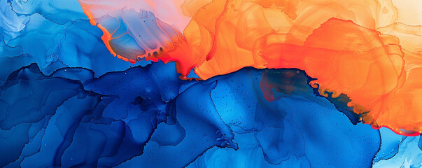 Alcohol ink abstract painting in royal blue and sunset orange, textured oil paint details.