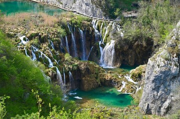 Aerial View of Large Waterfalls at Plitvice Lakes National Park in Croatia