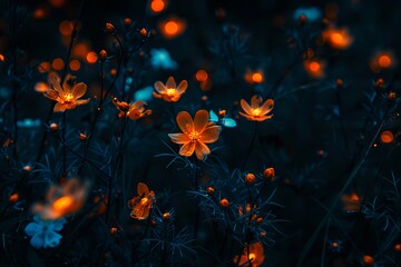 A dark field with flowers lit up by the night.