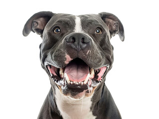 dangerous pit bull dog portrait showing fangs on white background isolated PNG