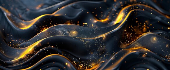 A black and gold abstract background with waves.