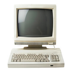 The image shows a beige and white vintage computer from the 1980s with a large CRT monitor and a keyboard.