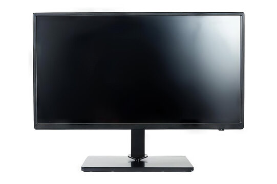 The image shows a generic computer monitor with a black screen. The monitor is sitting on a black stand. The monitor is surrounded by a white background.