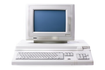 The image shows a vintage personal computer from the 1980s, with a beige case and a separate keyboard. The monitor is displaying a blue screen.