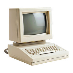 The image shows a vintage Apple computer from the 1980s. It has a beige color and a CRT monitor.