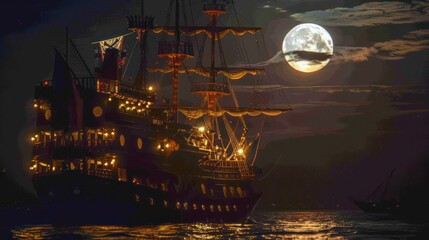 Pirate Ship in Moonlit Night