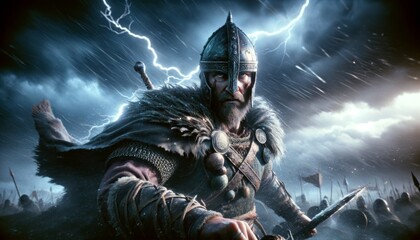 Fototapeta premium Close-up of a Viking warrior in battle, under a stormy sky, capturing the intensity and detail of the moment.