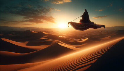 A desert nomad on a flying carpet, soaring over ancient sand dunes at sunset.