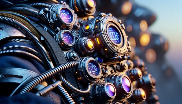 Close-up of the futuristic gadgets worn by an explorer while surveying an alien landscape