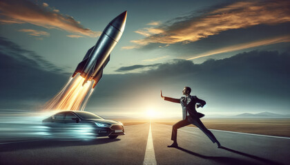 A businessman, heroically positioned in a dynamic pose, using both hands to block a car-sized rocket