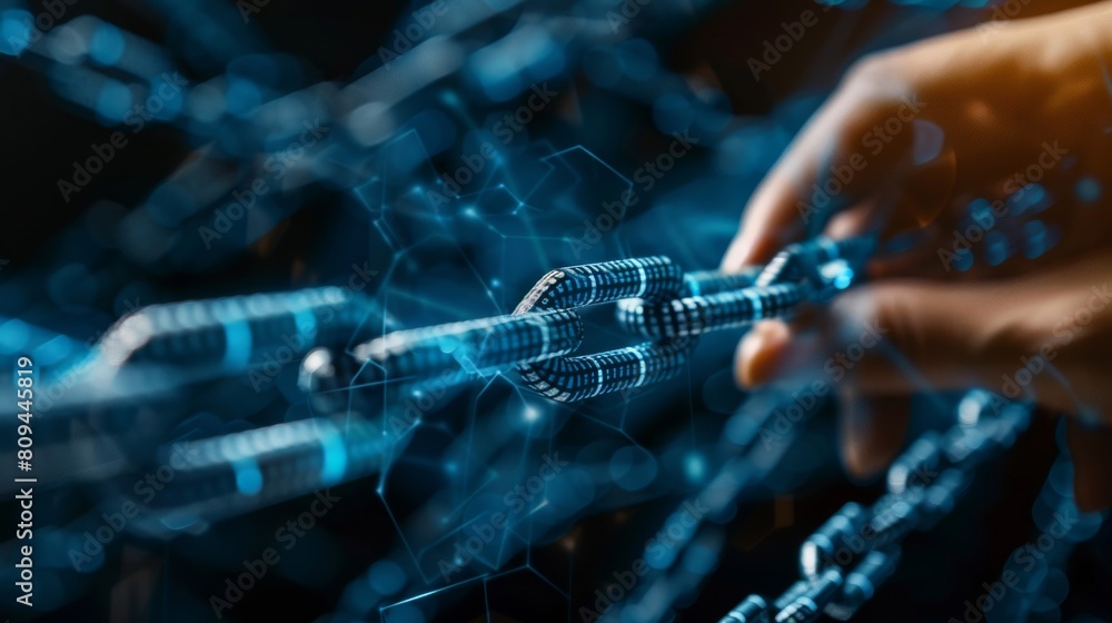 Poster business consultant explaining blockchain security measures for remote work