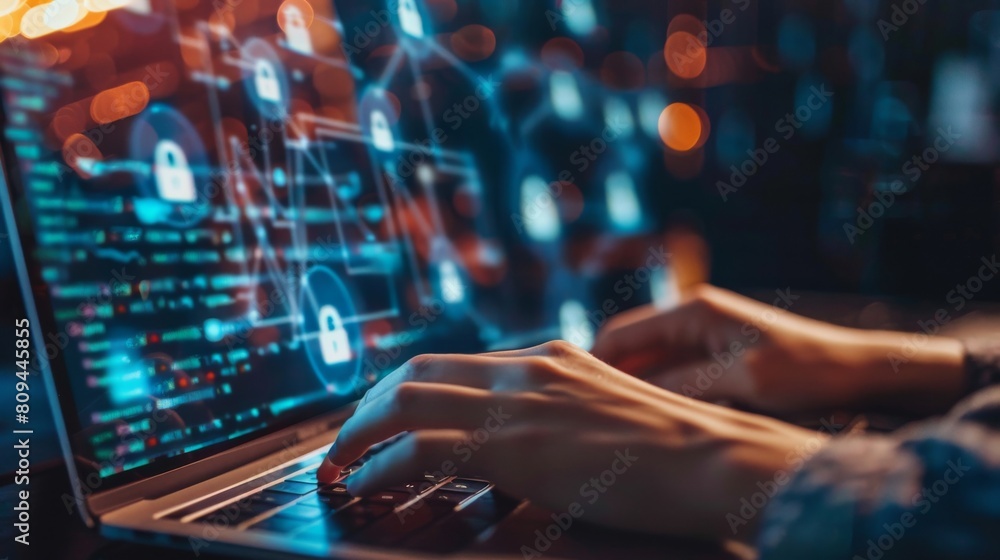 Poster business consultant explaining blockchain security measures for remote work