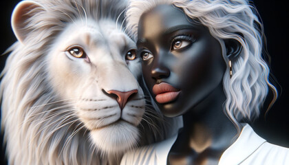 Attractive young woman with black skin in a white blouse and her albino lion, focusing on their faces