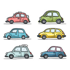 Collection six colorful cartoon cars lined up side side, car has unique color designed whimsical, playful style. Simplified design suitable childrens illustration comic book