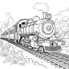 Train coloring page sketch for kids and children on a white background