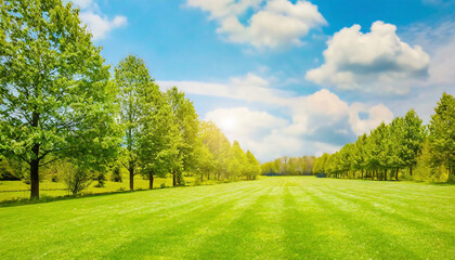 Beautiful, blurred background image of spring nature with a neatly trimmed lawn surrounded