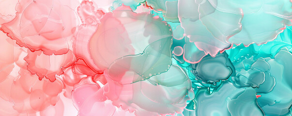 Champagne pink and cool aqua abstract background with alcohol ink and oil paint textures.