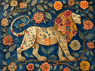 Graceful lion adorned with roses, traditional Madhubani Bharni style painting, serene mild concept, detailed artwork
