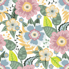 Vector floral seamless pattern with simple flowers, leaves, twigs. 