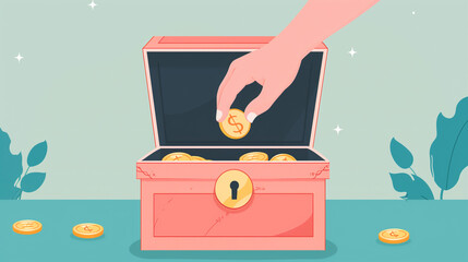 Illustration of a hand depositing a gold coin into a savings box, symbolizing financial security and investment on a light background.