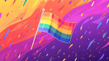 Vibrant Rainbow Pride Flag with Colorful Confetti Backdrop Celebrating LGBTQ Diversity and