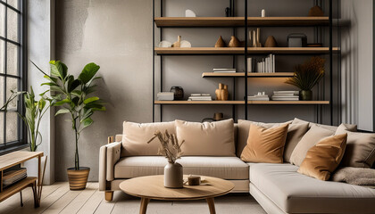  Beige loft corner sofa with shelves in Scandinavian Attic, Minimal style home interior design