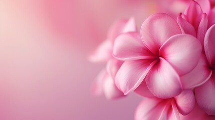 Close-up of pink plumeria flowers in full bloom against a soft pastel background.