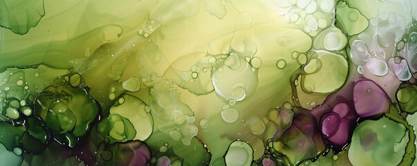 High-quality details in an abstract painting with alcohol ink in olive green and plum, oil paint texture.