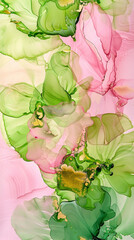 High-quality abstract painting with alcohol ink in shades of pistachio and rose, oil paint texture.
