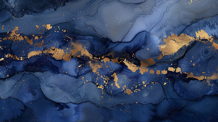High quality abstract painting in indigo and gold, featuring alcohol ink and textured oil paint.