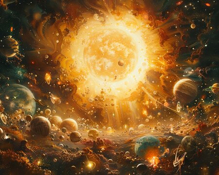 A surreal artwork of planets aligning as intergalactic beings gather to worship the sun