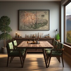 Adventure themed dining room with a national park forest map and campsite inspired decor