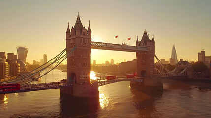 Cityscape of Tower Bridge at Sunset with Union Jack Flag, London, UK - A Blend of History &...