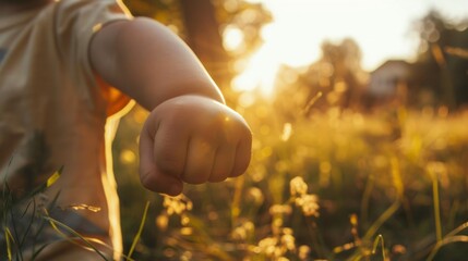 Fototapeta premium Close-up of a child's fist stretched out outdoors at sunset