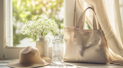 Tote Bag, Water Bottle, and Sun Hat Creating a Serene Ambiance