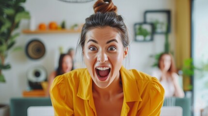 Young Woman's Surprised Reaction to Unforeseen Opportunity in Coffee Shop Setting