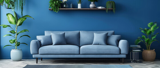 A white couch sits in front of a blue wall by AI generated image