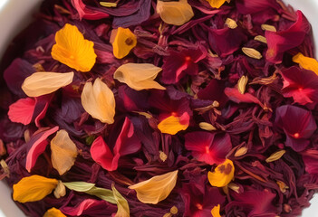 A closeup of a dried hibiscus flower and other herbs on a wooden table