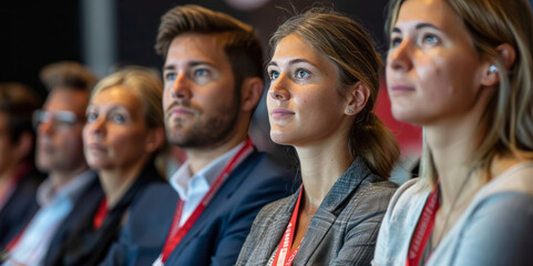 Obraz premium A group of business professionals sitting in the audience at a conference, listening to presenters on stage.